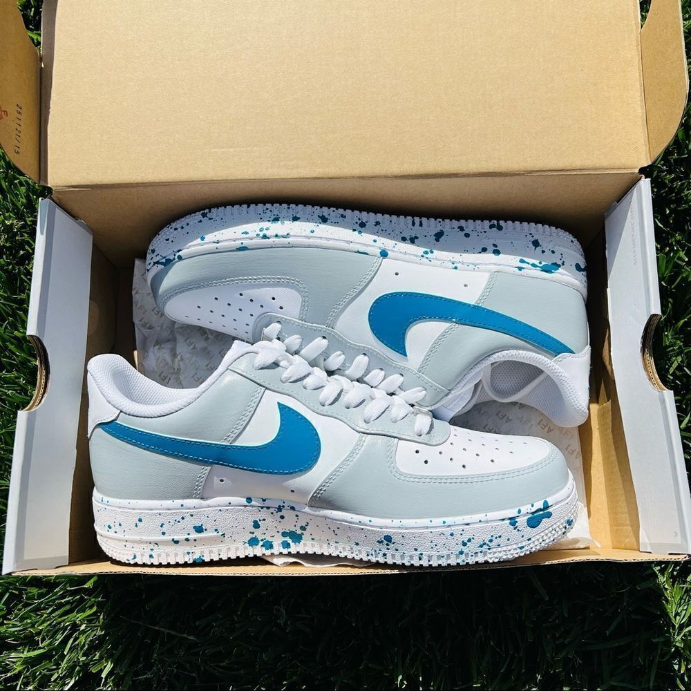 Nike Air Force 1 Womens Gray/Turquoise Colorblock Splatter Custom Sneakers - Picture 6 of 6